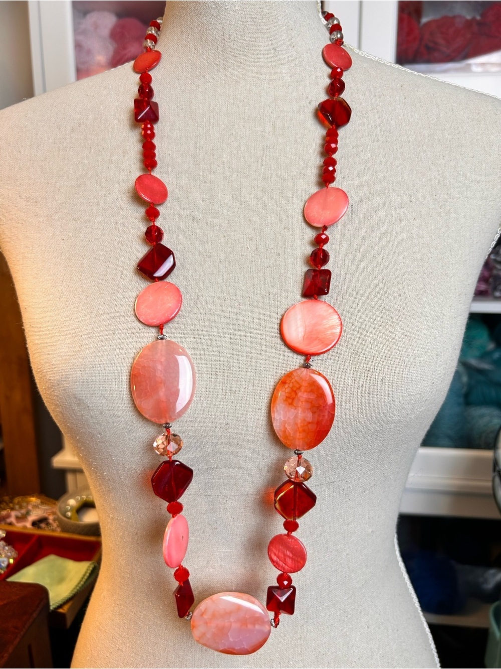 Pink & Red Mixed Stone & Glass Beaded Statement Necklace Eclectic Unique Vibe